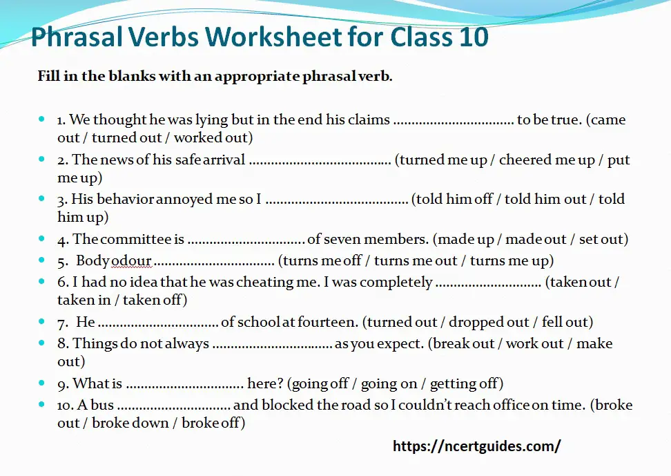 phrasal verbs worksheet for class 10