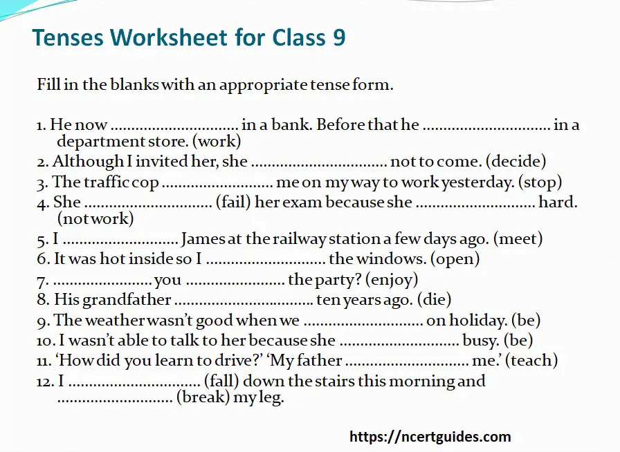 tenses worksheet for class 9
