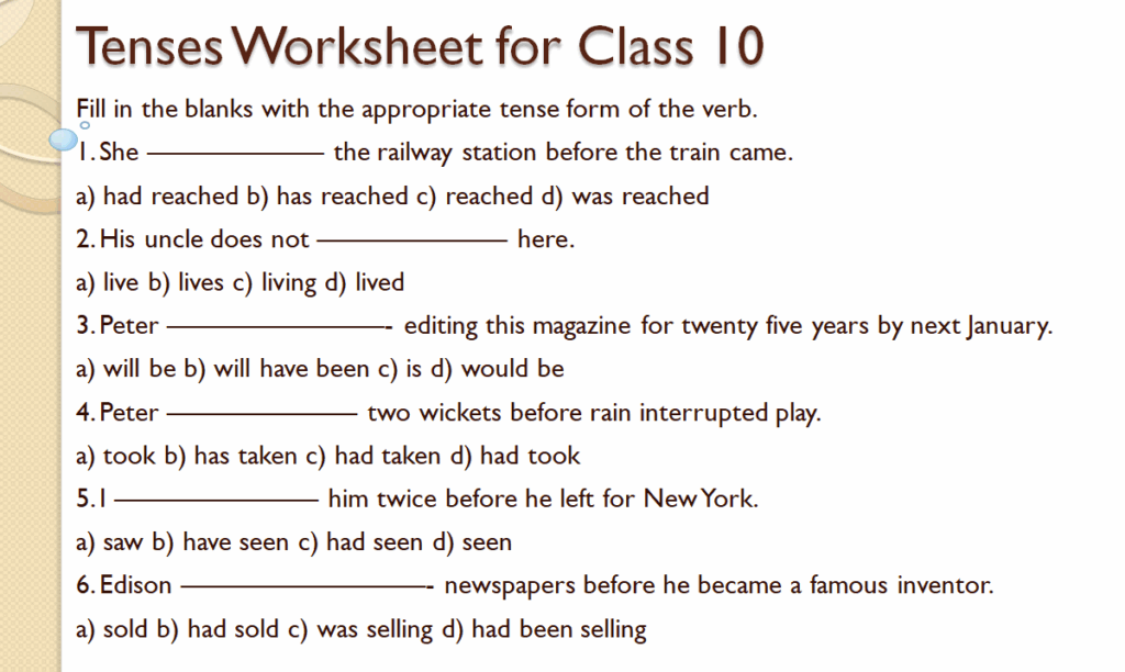 Tenses worksheet for class 10 cbse