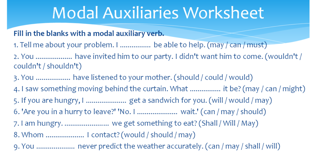 Modal auxiliaries worksheet for class 6