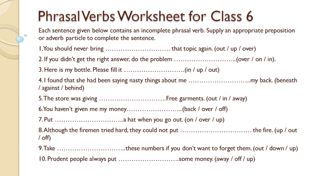 Phrasal verbs worksheet for class 6