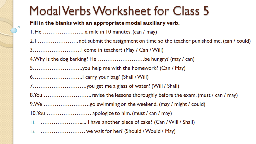 Modal auxiliary verbs worksheet for class 5