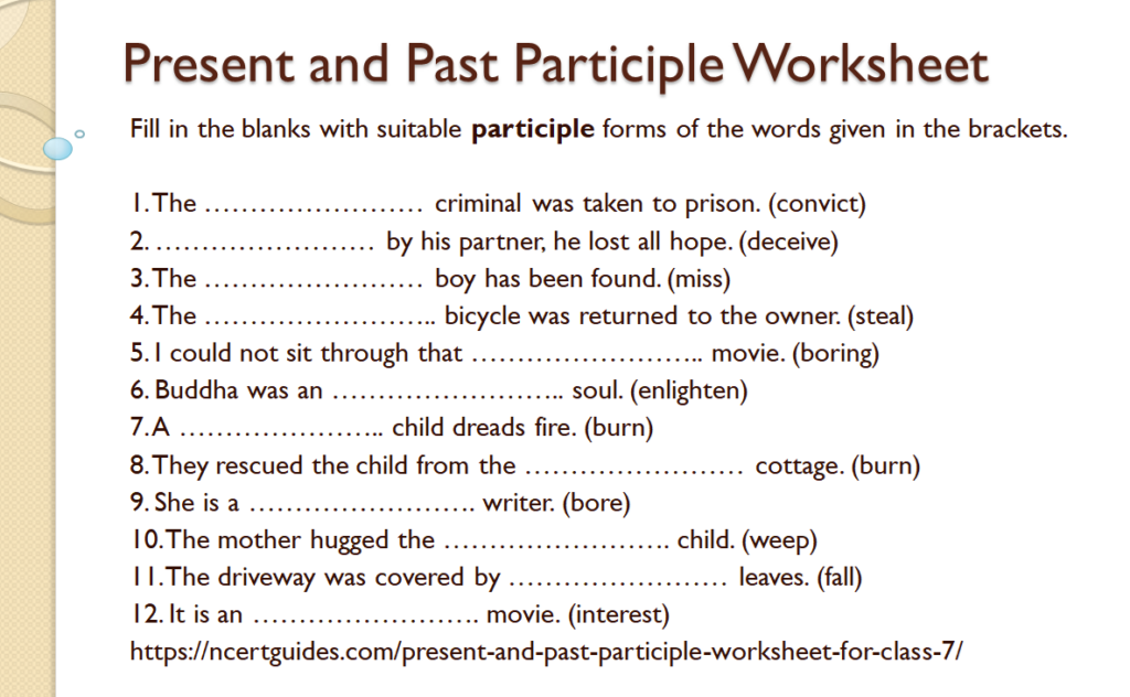 Participles worksheet for class 7
