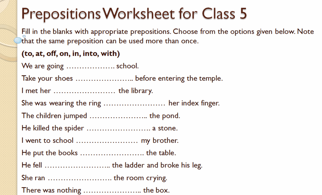 Prepositions worksheet for class 5 cbse