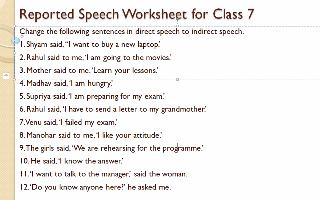 Reported speech worksheet for class 7