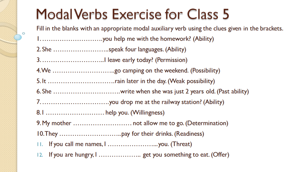 Modal verbs exercise for class 5