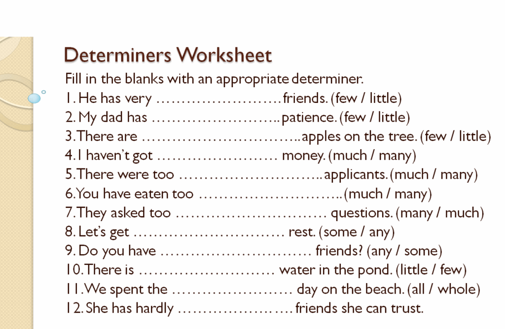Determiners worksheet for class 10