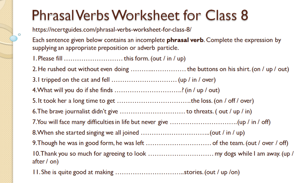 Phrasal verbs worksheet for class 8