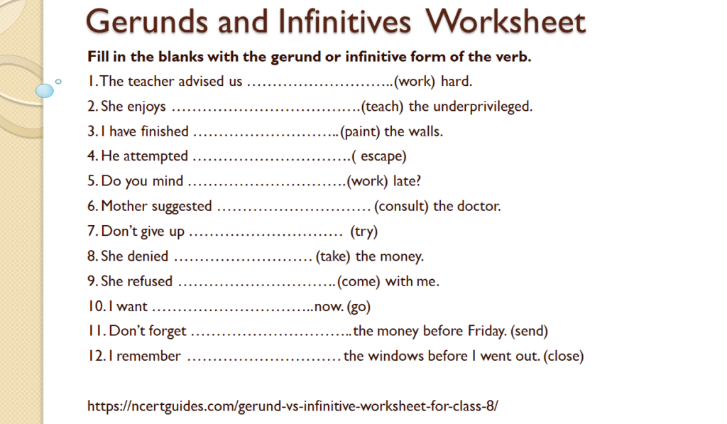 Gerunds and infinitives worksheet for class 8