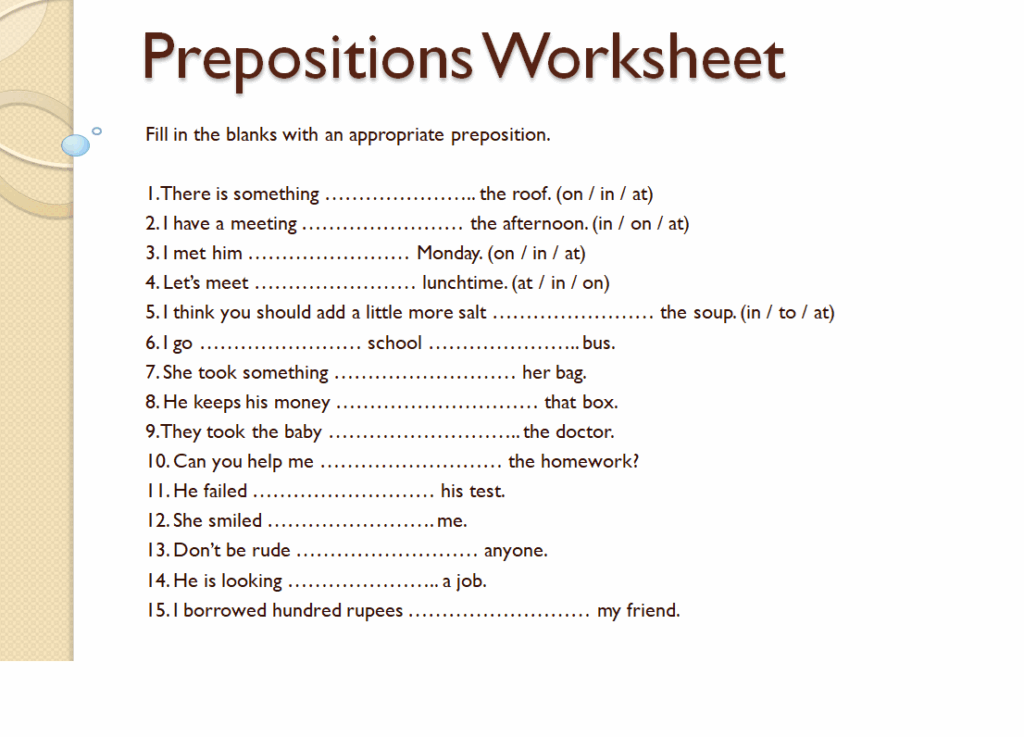 Prepositions worksheet for class 6
