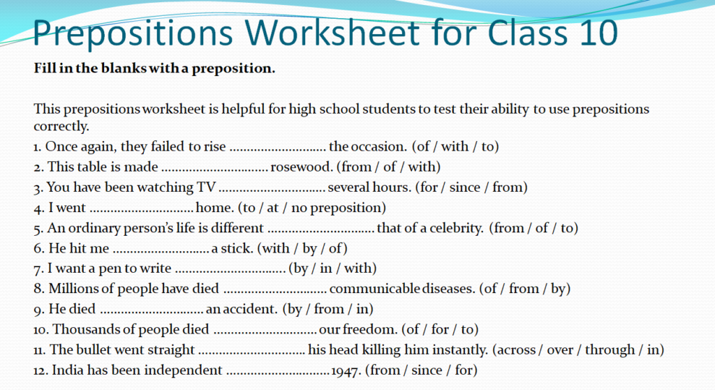 Prepositions worksheet for class 10