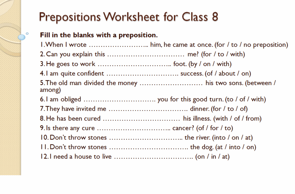 Prepositions workshet for class 8