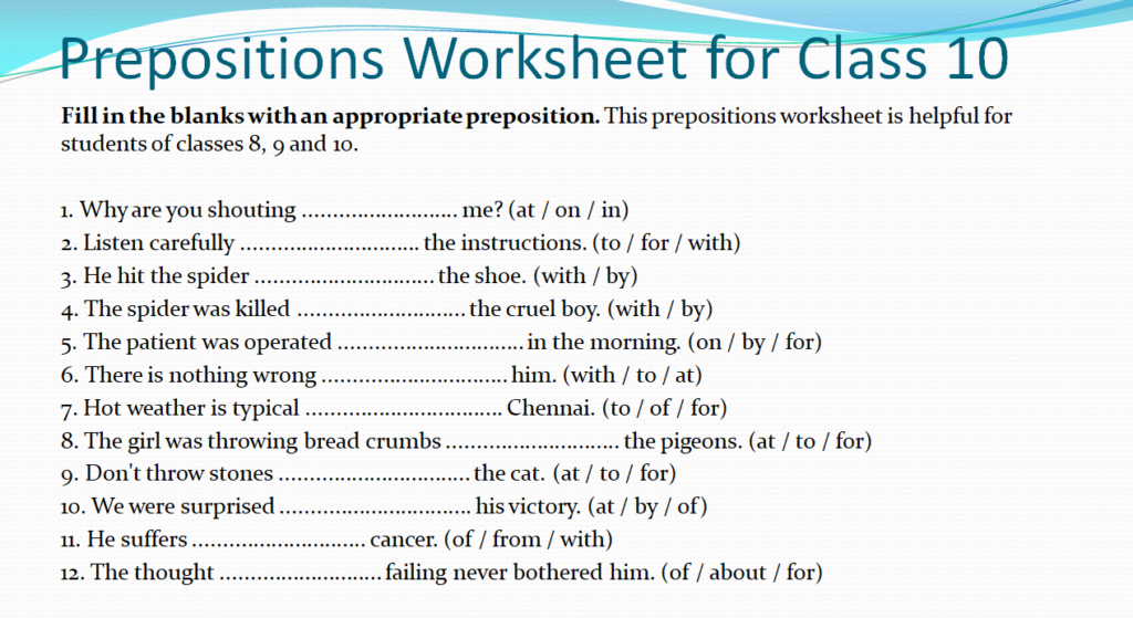prepositions worksheet for class 10