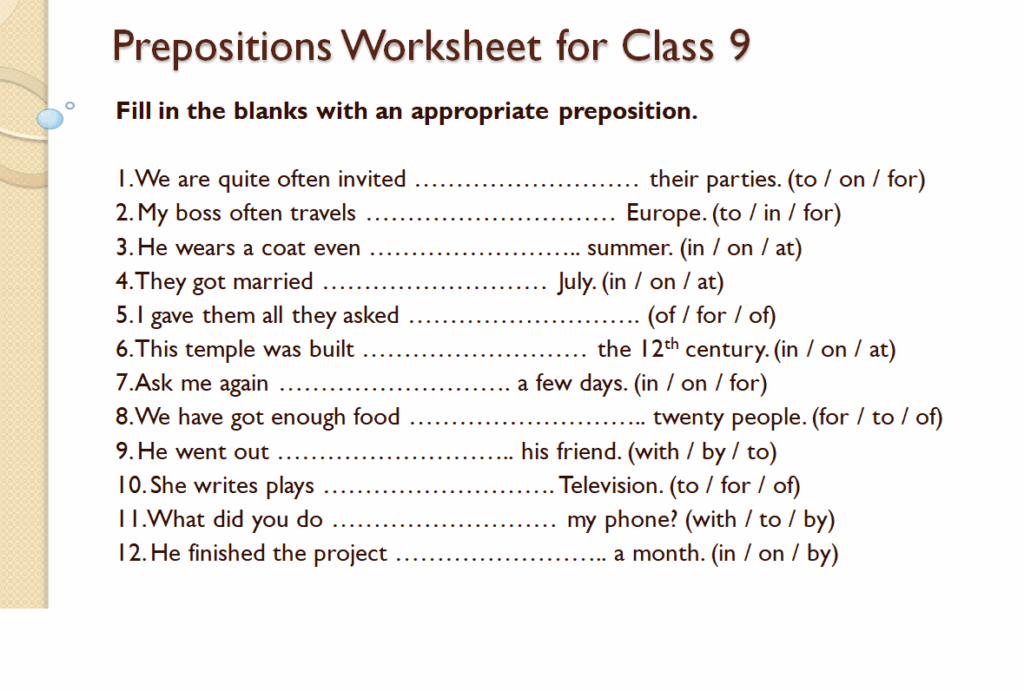 Prepositions worksheet for class 9