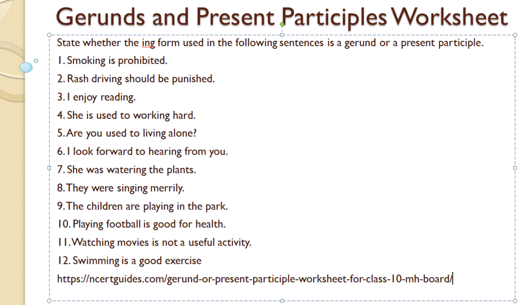 Gerunds and present participles worksheet for class 10