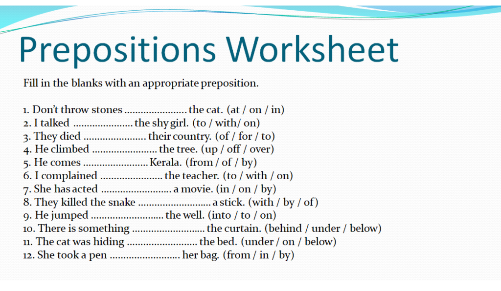 Prepositions worksheet for class 3