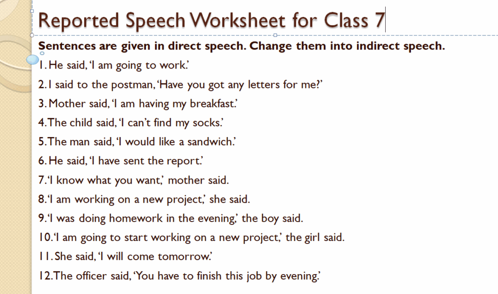 Direct and indirect speech worksheet for class 7 cbse