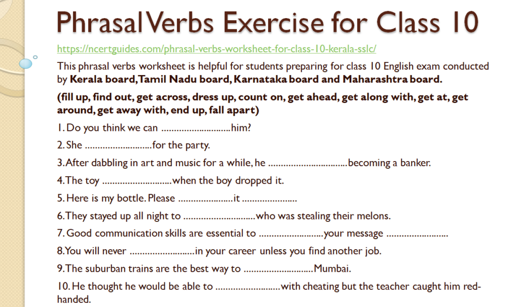 Phrasal verbs worksheet for class 10