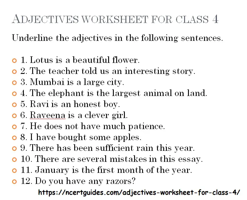 Adjectives worksheet for class 4