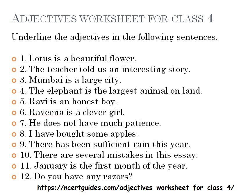 kind of adjectives worksheet for class 4