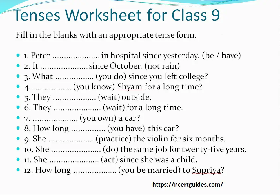 tenses worksheet for class 9 with answers