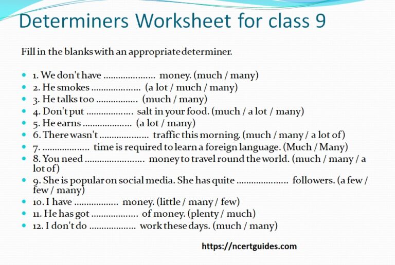 Determiners Worksheet For Class 9 - NCERT Guides.Com