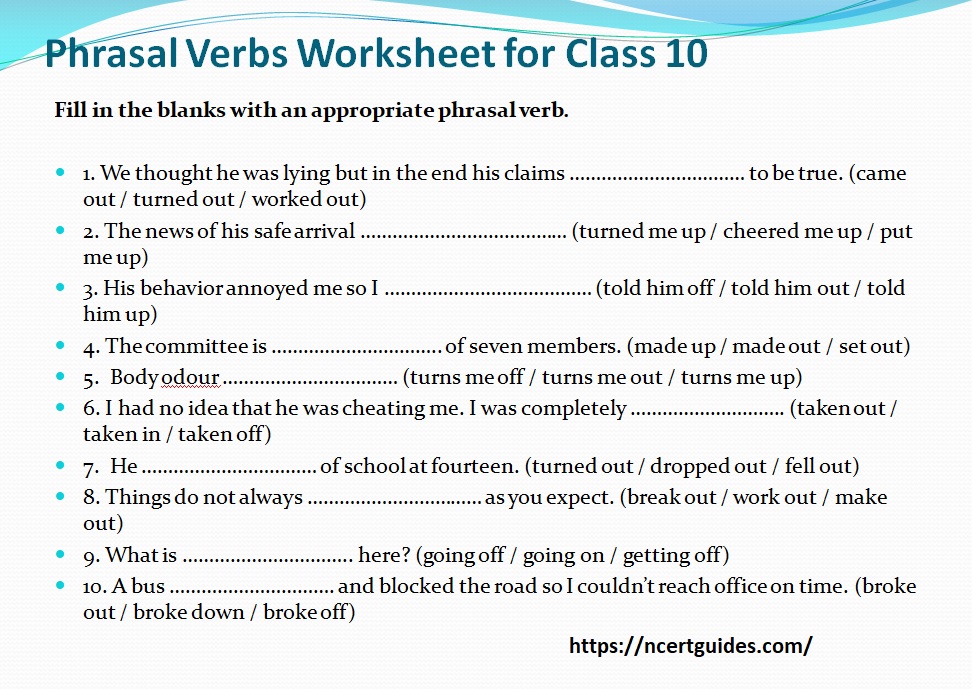 Phrasal Verbs Worksheet For Class 10 NCERT Guides Com