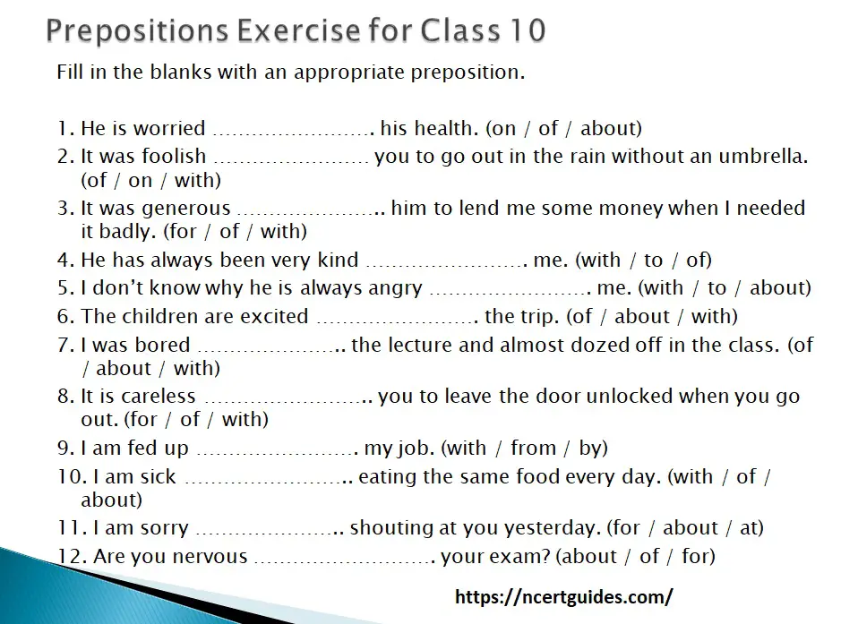 prepositions exercise for class 10