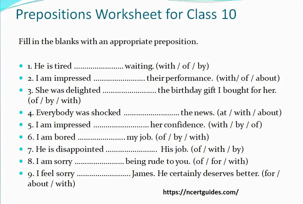 prepositions worksheet for class 10