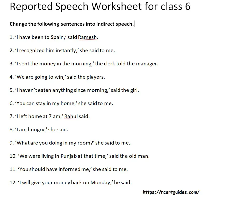 reported speech worksheet for class 6