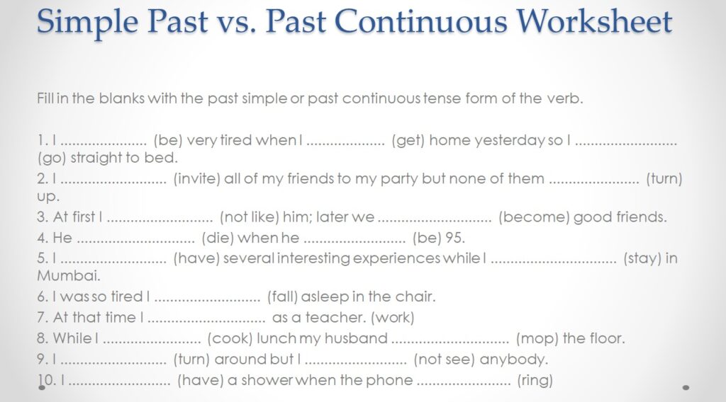 Simple past vs. past continuous tense exercise