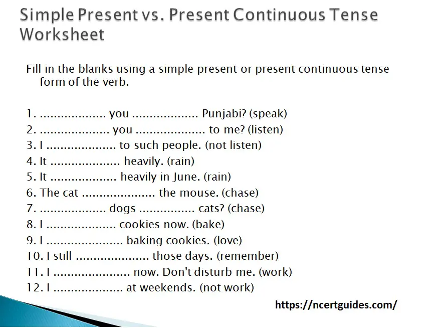 simple present vs. present continuous tense worksheet for class 9