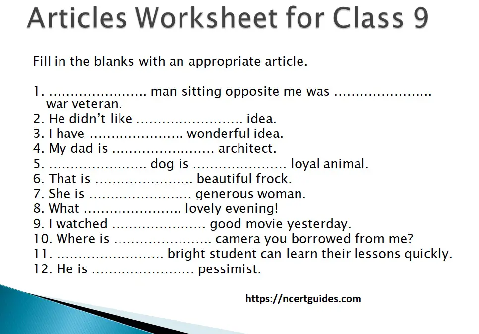 articles worksheet for class 9