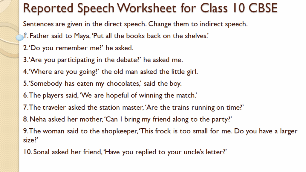 Reported speech exercise for class 10 cbse