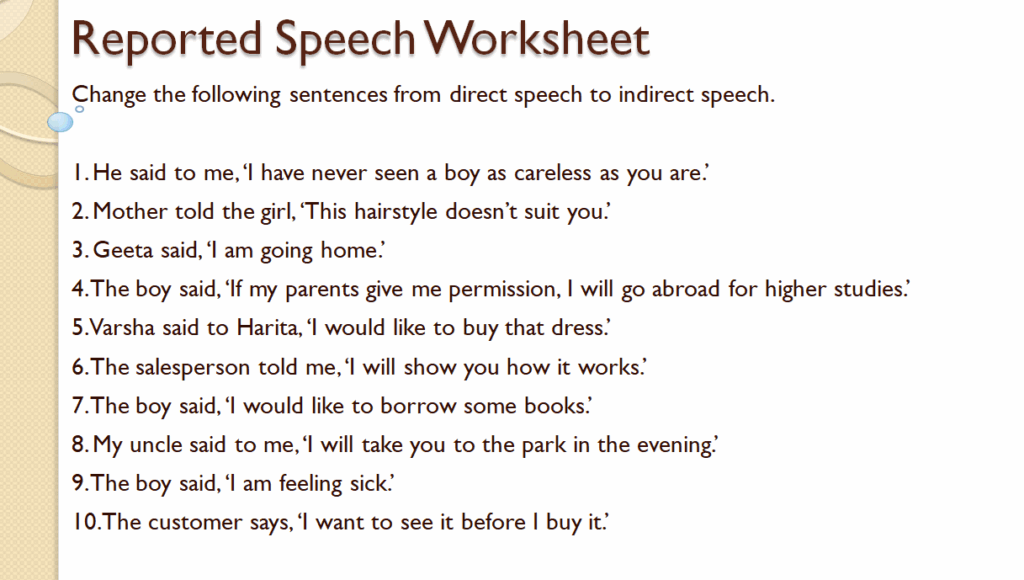 Reported speech worksheet for class 10