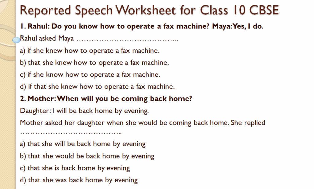 Reported speech worksheet for class 10 cbse
