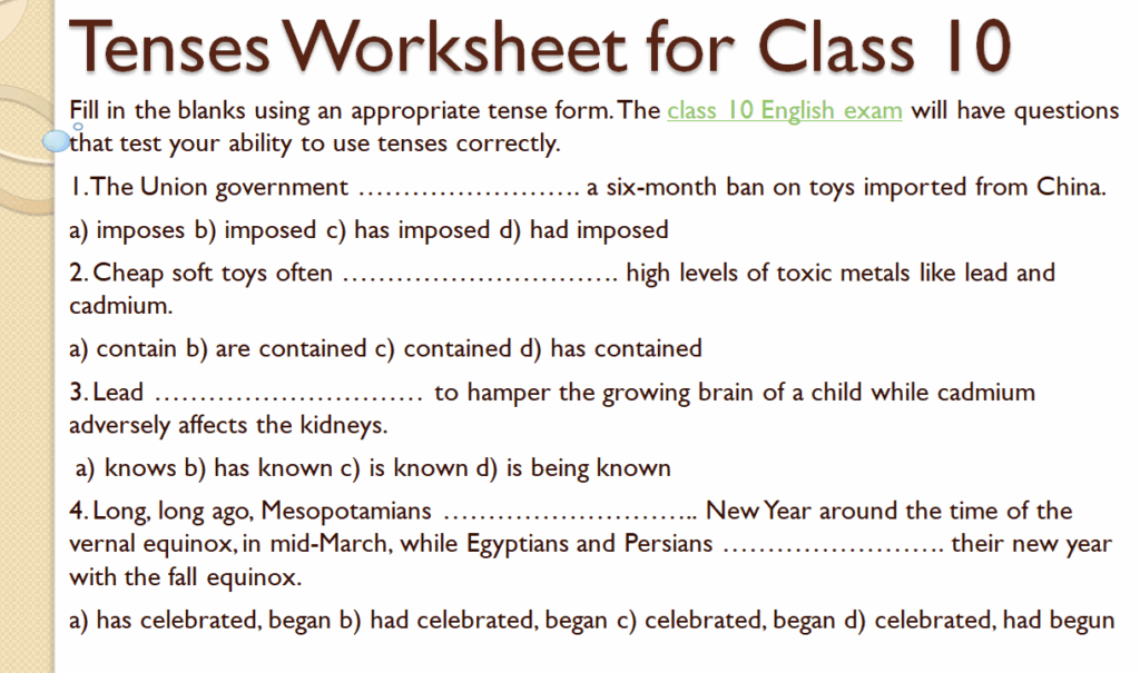 Tenses worksheet for class 10
