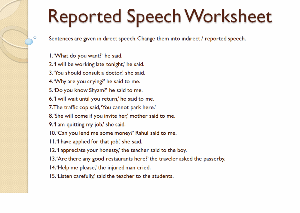 Reported speech worksheet for class 10